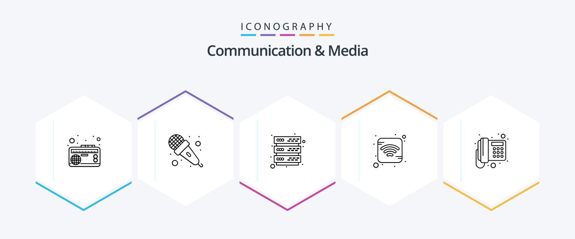 Communication And Media 25 Line icon pack including phone. communication. audio. wifi. internet vector