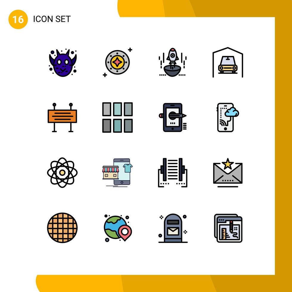 Set of 16 Vector Flat Color Filled Lines on Grid for van spaceship star entrepreneur business Editable Creative Vector Design Elements