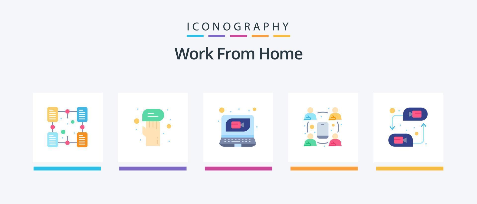 Work From Home Flat 5 Icon Pack Including communication. meeting. chat. communication. communication. Creative Icons Design vector