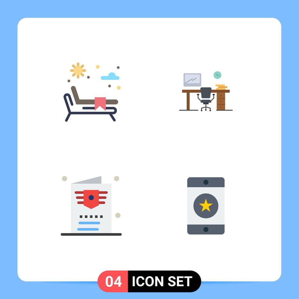 conjunto de pictogramas de 4 iconos planos simples de tumbona pasaporte oficina mesa de oficina viajes elementos de diseño vectorial editables vector