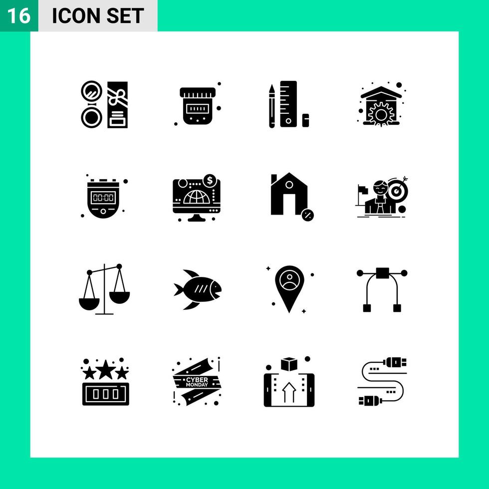 Pack of 16 Modern Solid Glyphs Signs and Symbols for Web Print Media such as chronometer tool education repair house Editable Vector Design Elements