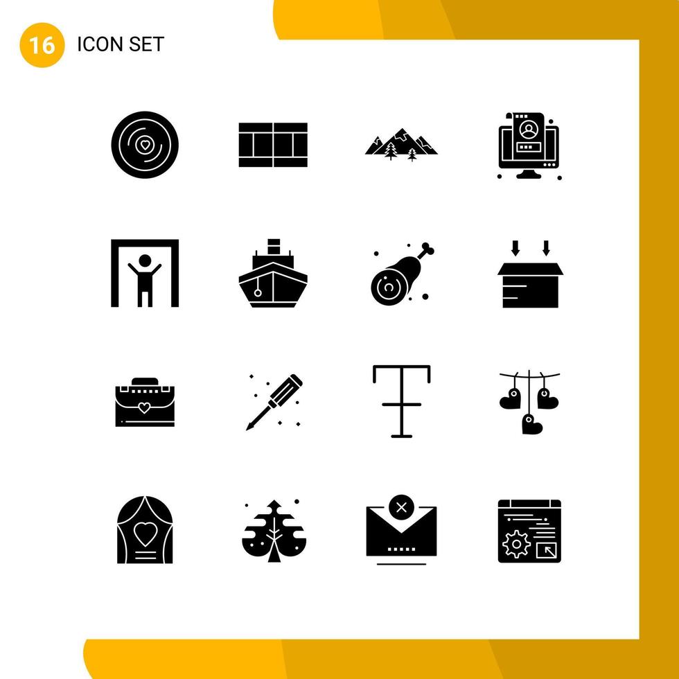 Pack of 16 creative Solid Glyphs of human scanner screen hill monitor account Editable Vector Design Elements