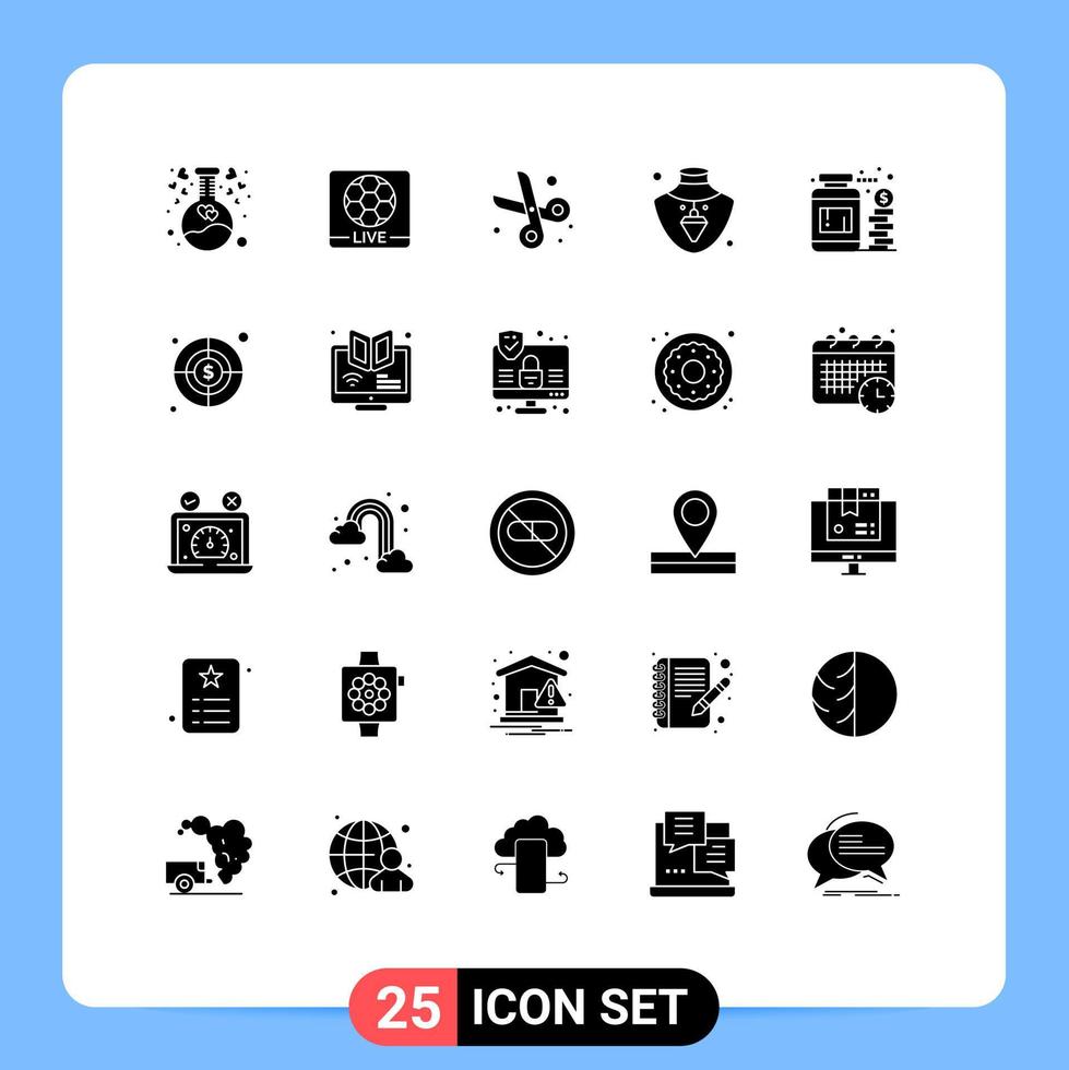 Set of 25 Vector Solid Glyphs on Grid for money currency back to school gold nacklace Editable Vector Design Elements