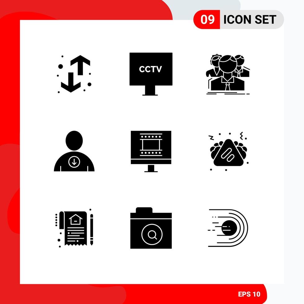 9 Universal Solid Glyphs Set for Web and Mobile Applications user down surveillance online people Editable Vector Design Elements