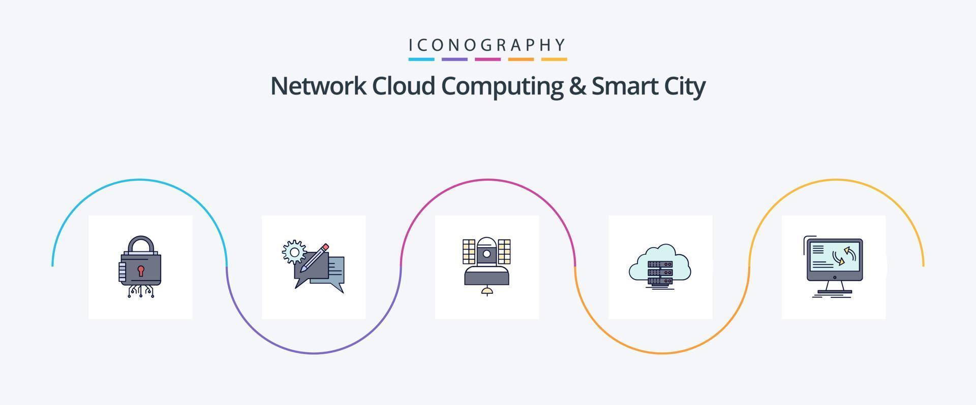 Network Cloud Computing And Smart City Line Filled Flat 5 Icon Pack Including storage. telecommunication. discussion. communication. broadcast vector