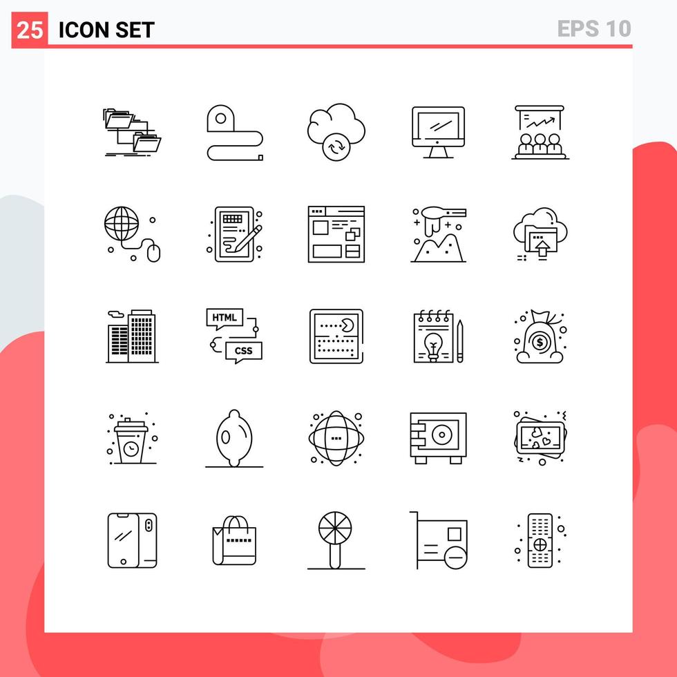 25 Universal Line Signs Symbols of presentation imac tape device computer Editable Vector Design Elements