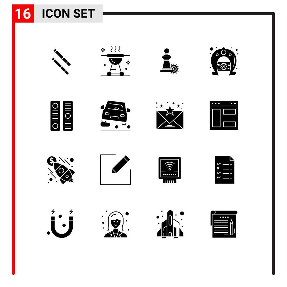 Group of 16 Solid Glyphs Signs and Symbols for document archive business horseshoe festival Editable Vector Design Elements