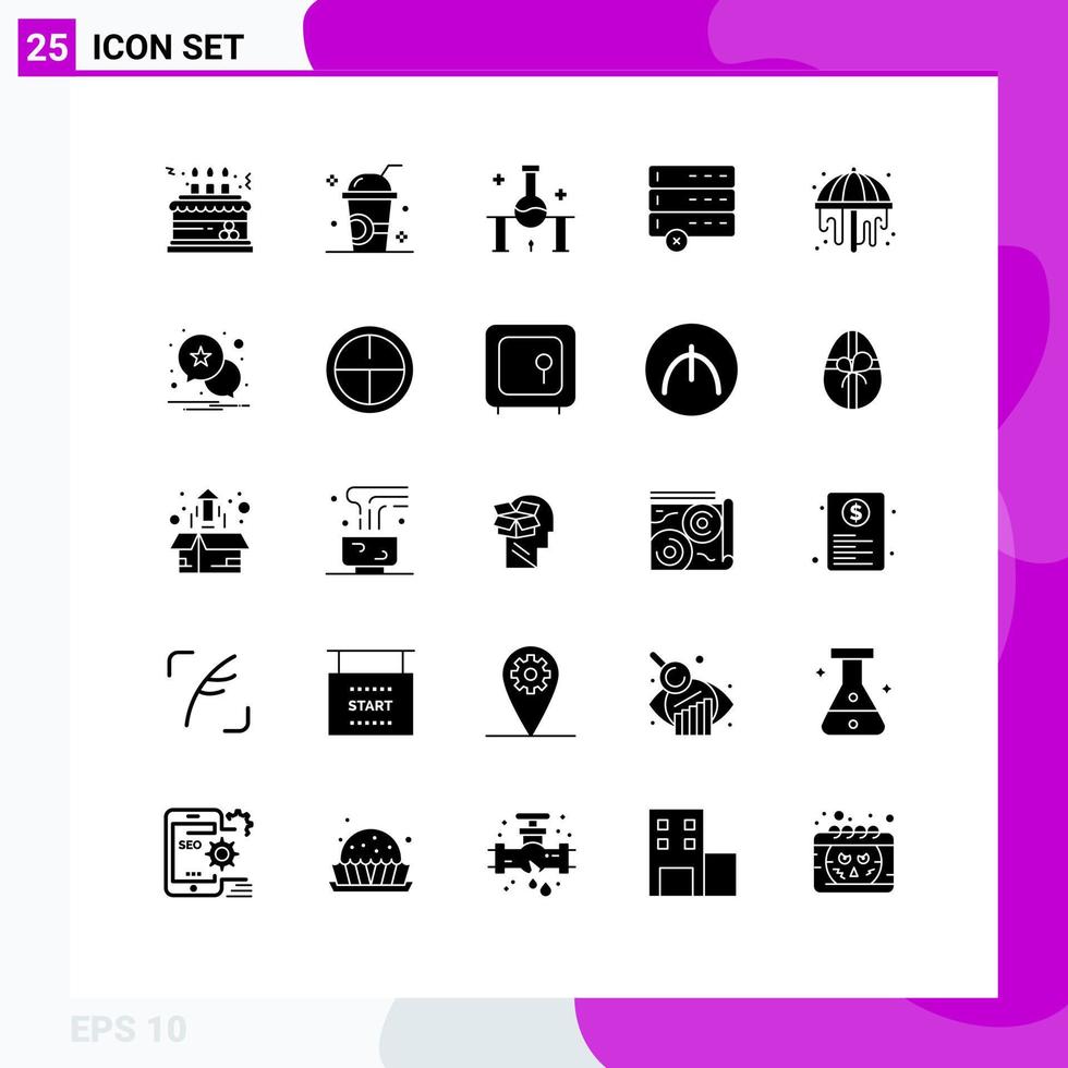 Pack of 25 creative Solid Glyphs of devices cancel milkshake science lab science Editable Vector Design Elements