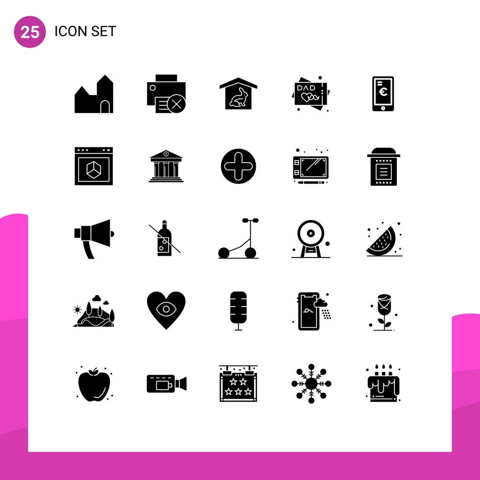 Group of 25 Modern Solid Glyphs Set for payment wishes printer greeting card nature Editable Vector Design Elements