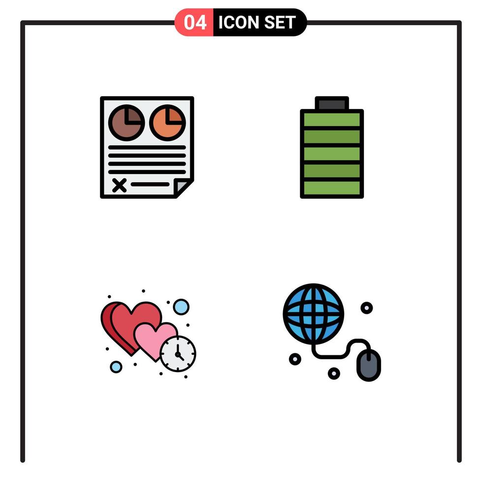 Mobile Interface Filledline Flat Color Set of 4 Pictograms of contract heart paper electric time Editable Vector Design Elements