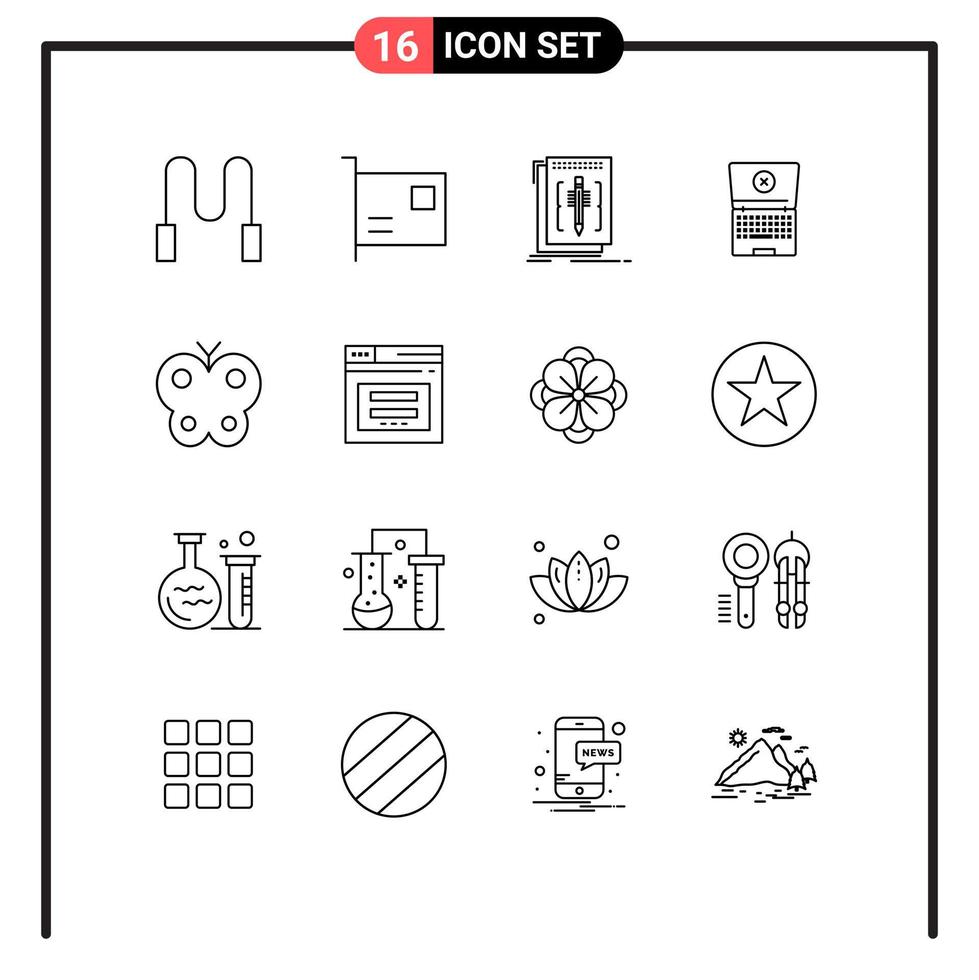 conjunto de 16 iconos de interfaz de usuario modernos símbolos signos para código de tecnología de mariposa programa informático elementos de diseño vectorial editables vector