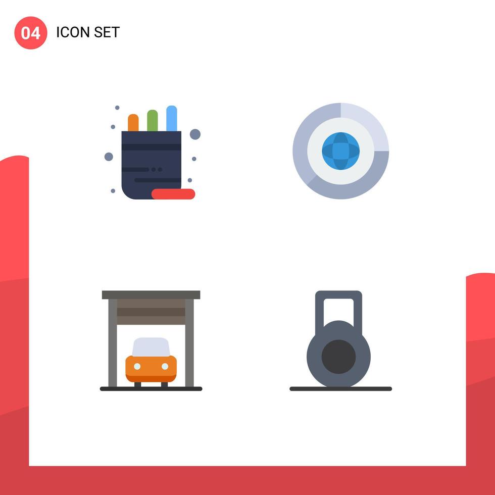 Editable Vector Line Pack of 4 Simple Flat Icons of school garage pencil finance dumbbell Editable Vector Design Elements