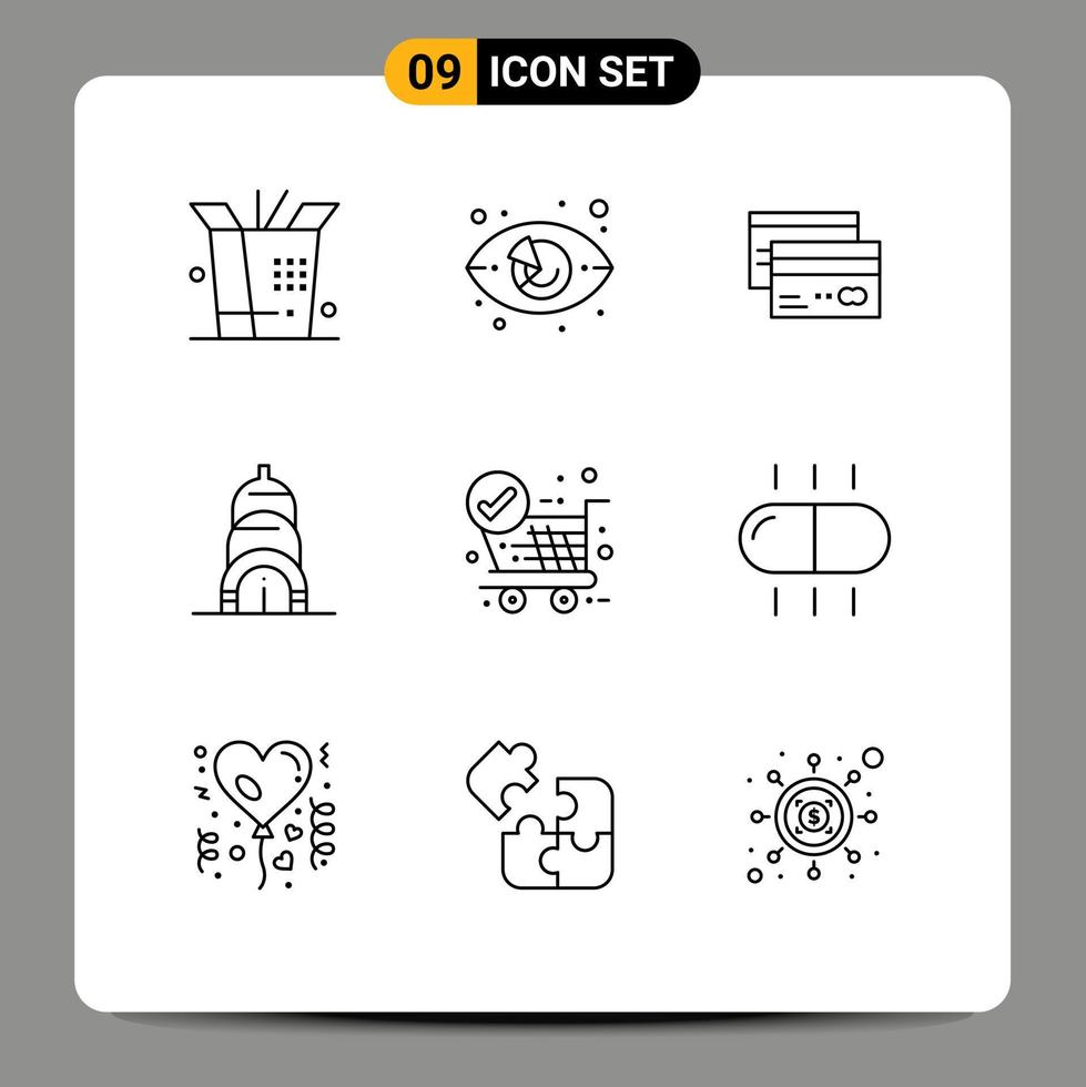 Mobile Interface Outline Set of 9 Pictograms of check building banking chrysler finance Editable Vector Design Elements