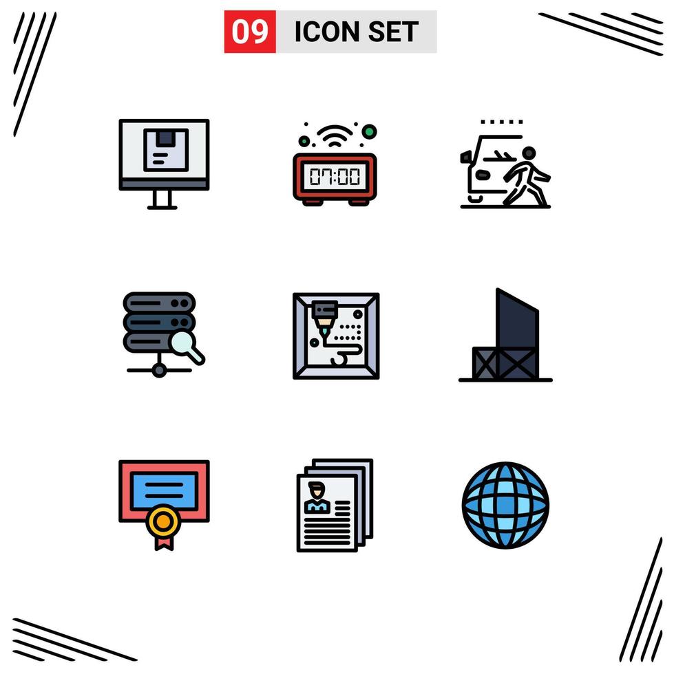 grupo de 9 signos y símbolos de colores planos de línea rellena para elementos de diseño de vectores editables para peatones web de servidores de máquinas