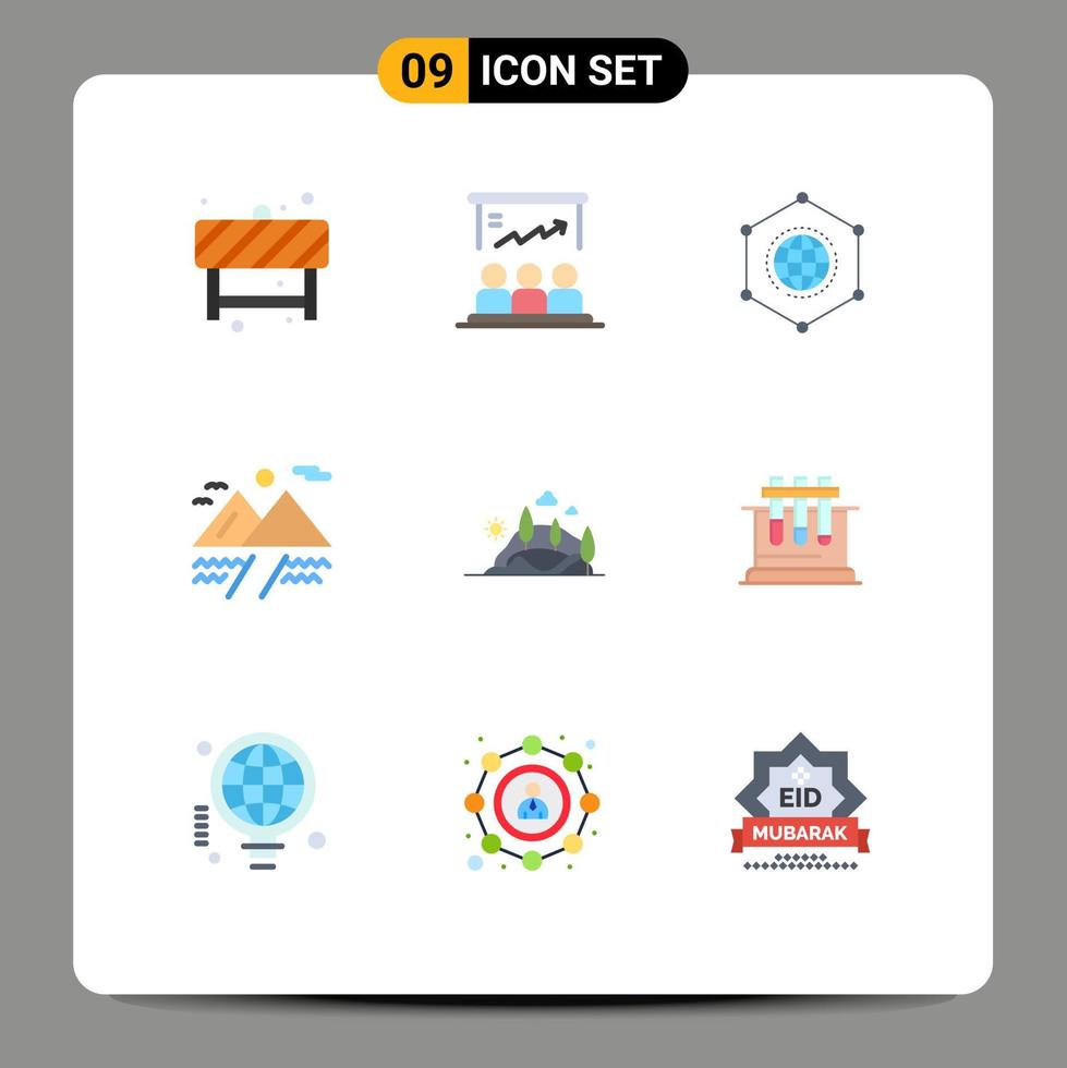 Mobile Interface Flat Color Set of 9 Pictograms of hill cloud marketing camping connection Editable Vector Design Elements