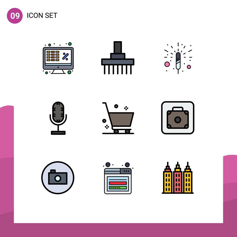 Set of 9 Modern UI Icons Symbols Signs for cart mic rural broadcast spark Editable Vector Design Elements