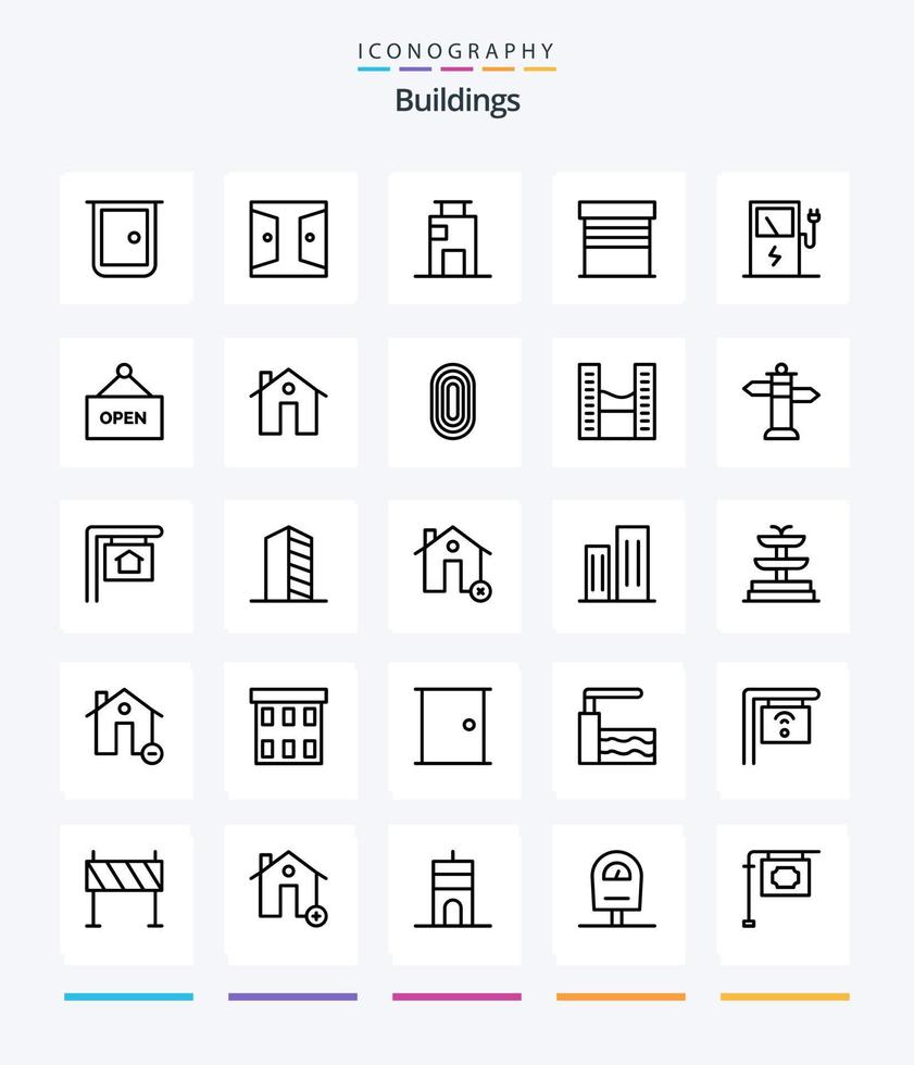 Paquete de iconos de contorno de 25 edificios creativos, como abierto. eléctrico. ciudad. cargar. garaje vector