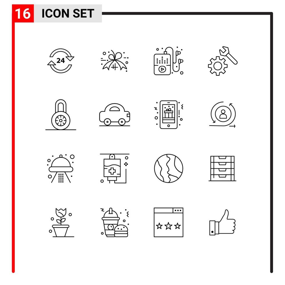 Modern Set of 16 Outlines and symbols such as protection lock black friday tag gear setting Editable Vector Design Elements