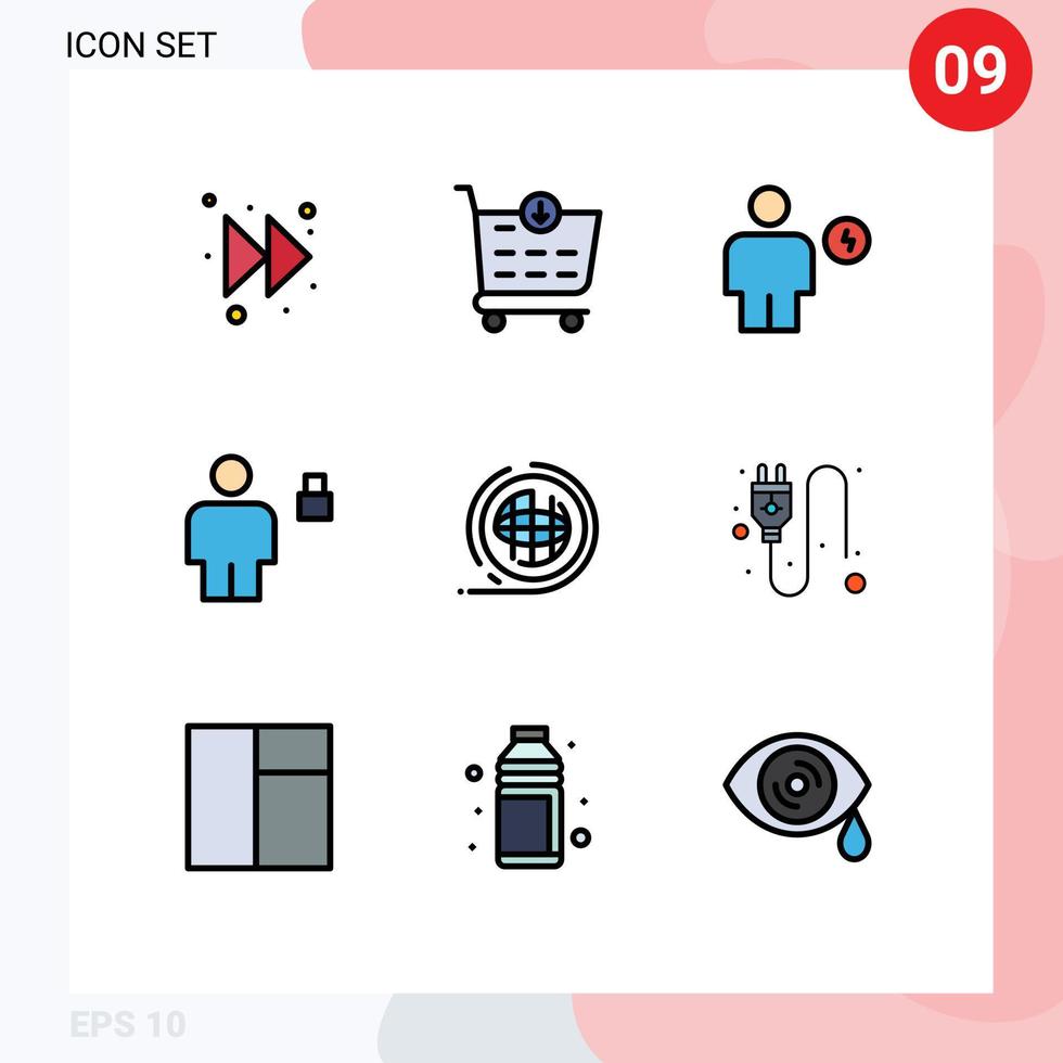 Editable Vector Line Pack of 9 Simple Filledline Flat Colors of environment padlock electricity locked body Editable Vector Design Elements