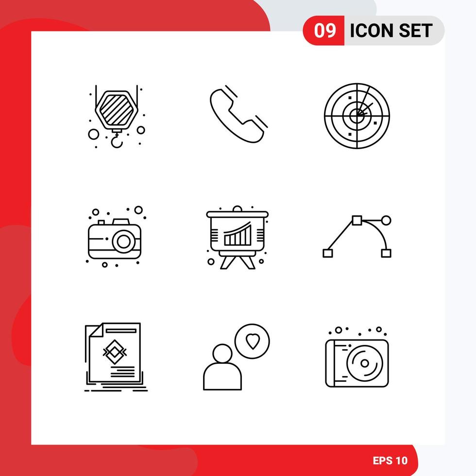 Outline Pack of 9 Universal Symbols of presentation analysis area user camera Editable Vector Design Elements