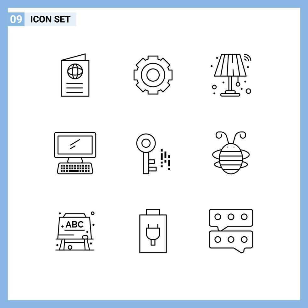 Pack of 9 creative Outlines of keyboard monitor setting computer light Editable Vector Design Elements