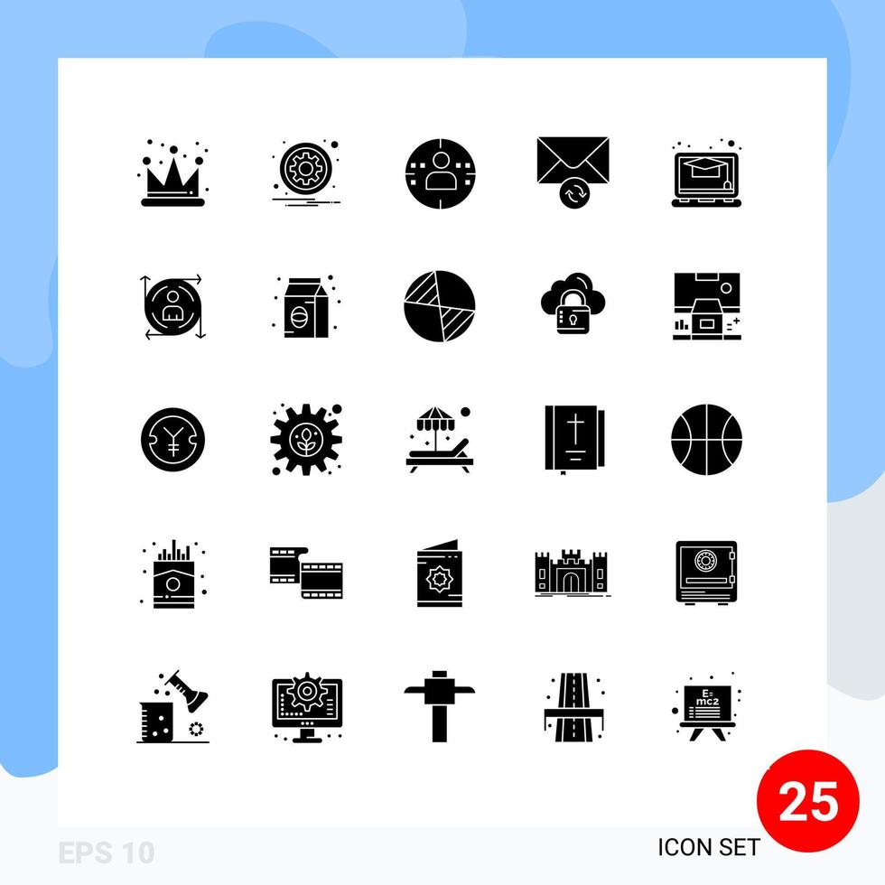 Set of 25 Vector Solid Glyphs on Grid for user online man education message Editable Vector Design Elements