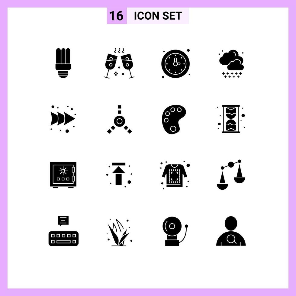 Mobile Interface Solid Glyph Set of 16 Pictograms of fire ware right timer forward weather Editable Vector Design Elements