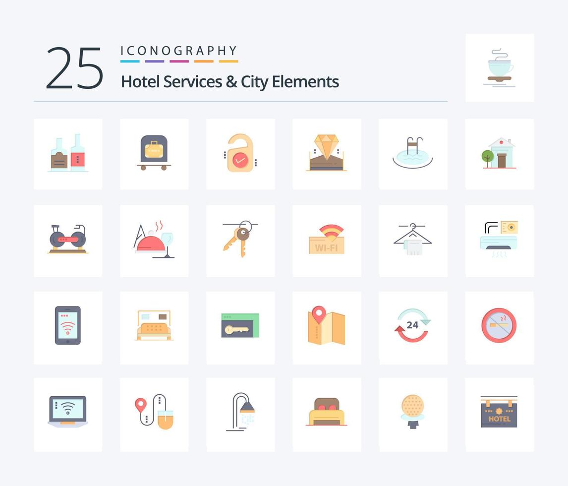 Hotel Services And City Elements 25 Flat Color icon pack including pool. hotel. tag . jewel. brilliant vector
