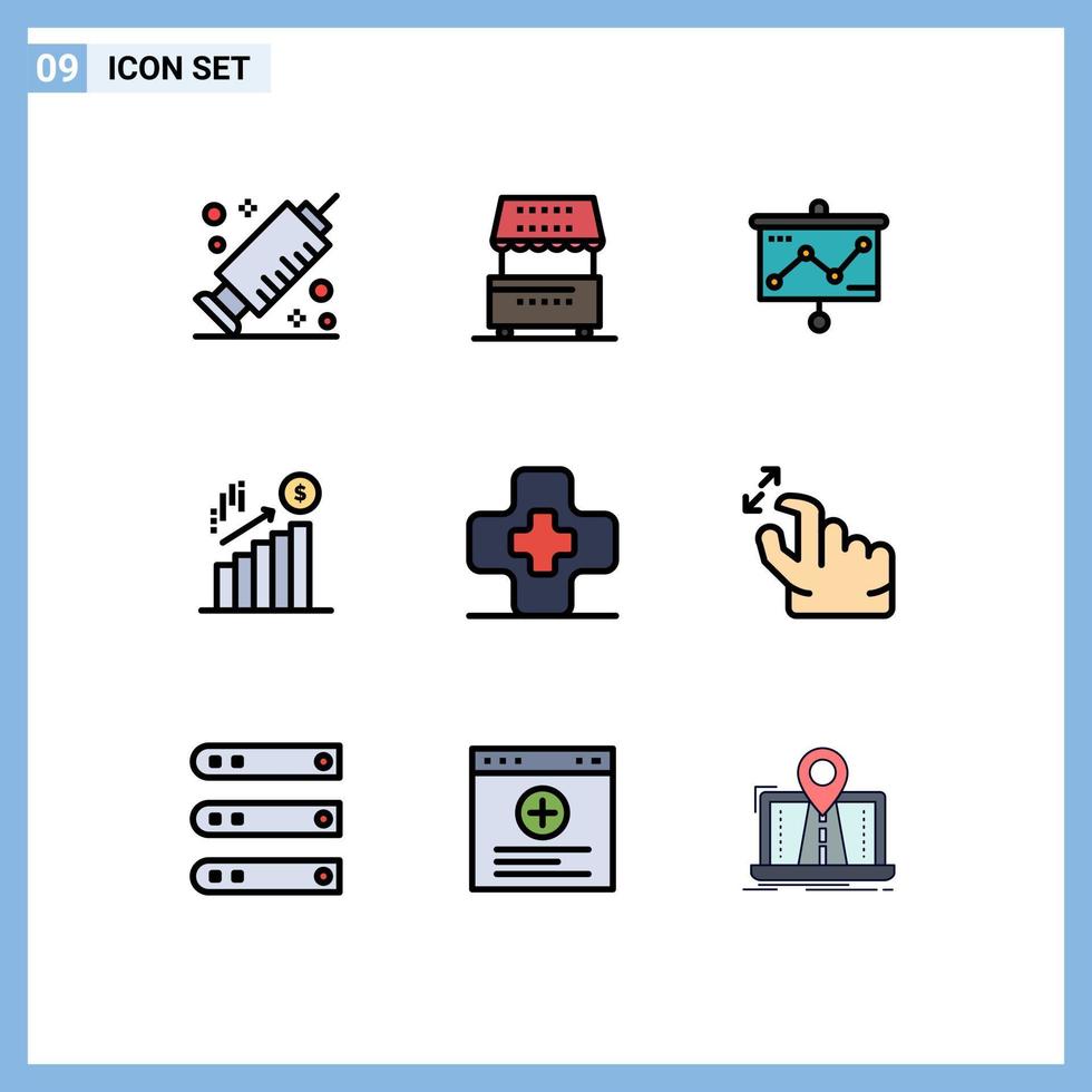 Pack of 9 creative Filledline Flat Colors of medical dollar chart marketing business Editable Vector Design Elements