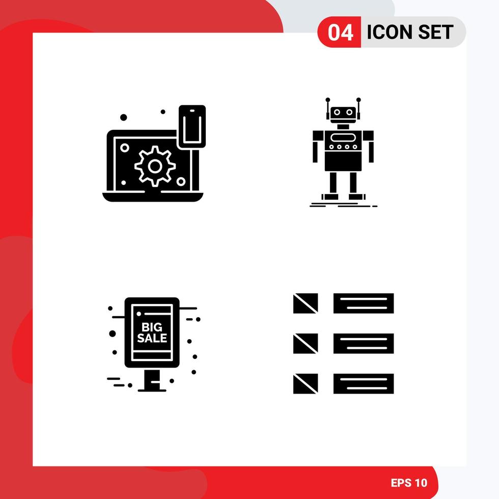 Mobile Interface Solid Glyph Set of 4 Pictograms of configure technology setting android grand sale Editable Vector Design Elements