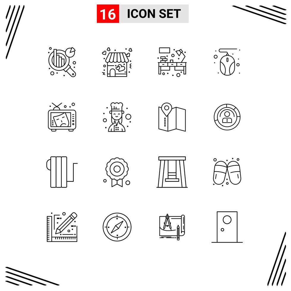 Modern Set of 16 Outlines Pictograph of arts mask office tv hardware Editable Vector Design Elements