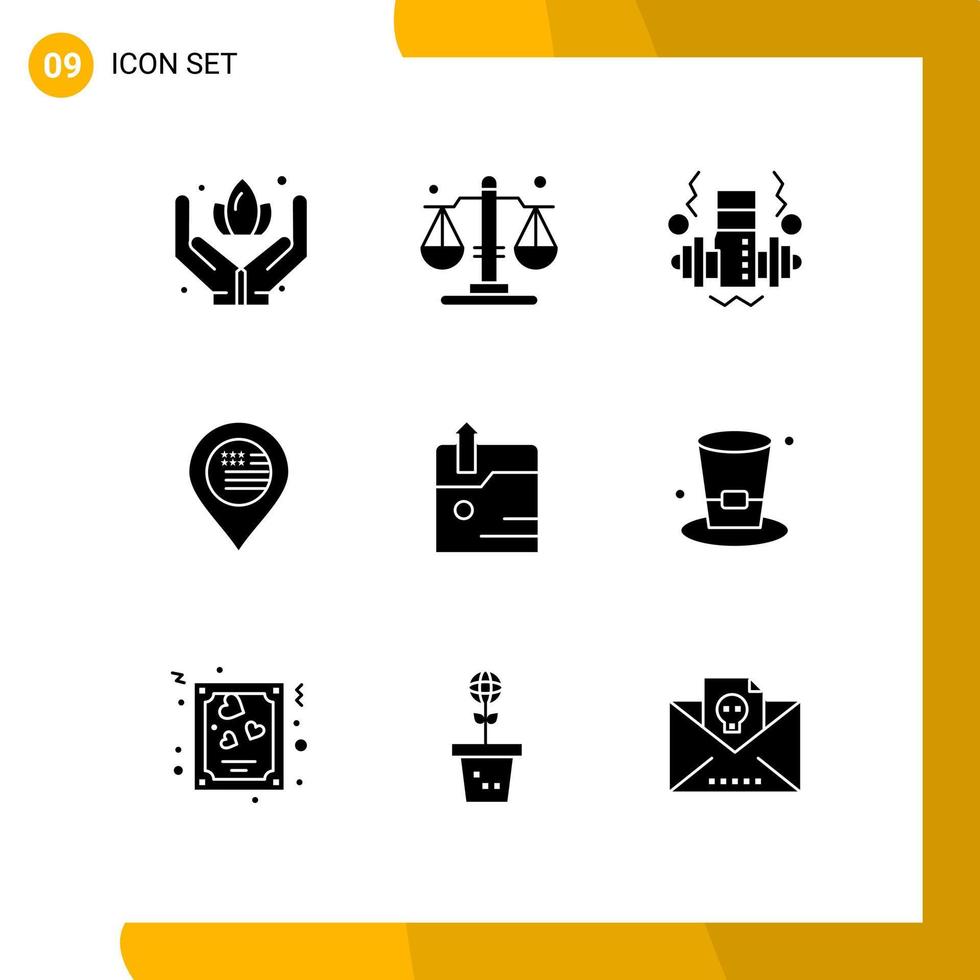 Set of 9 Commercial Solid Glyphs pack for drink upload weight technology sign Editable Vector Design Elements