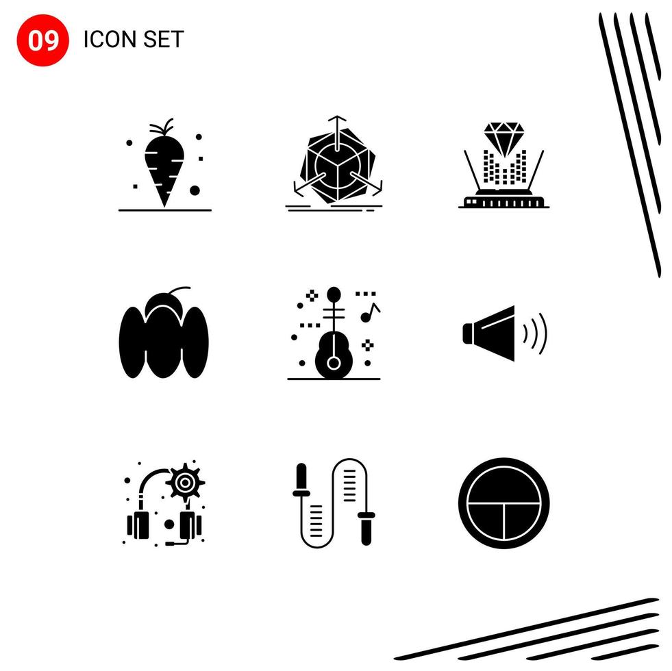 Group of 9 Modern Solid Glyphs Set for music vegetables hologram pepper bell Editable Vector Design Elements