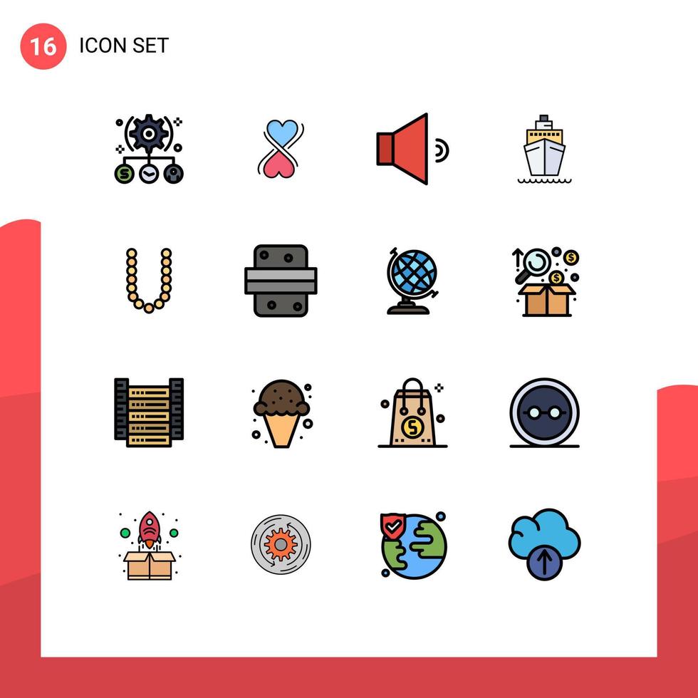 Universal Icon Symbols Group of 16 Modern Flat Color Filled Lines of lux accesoris sound vessel ship Editable Creative Vector Design Elements