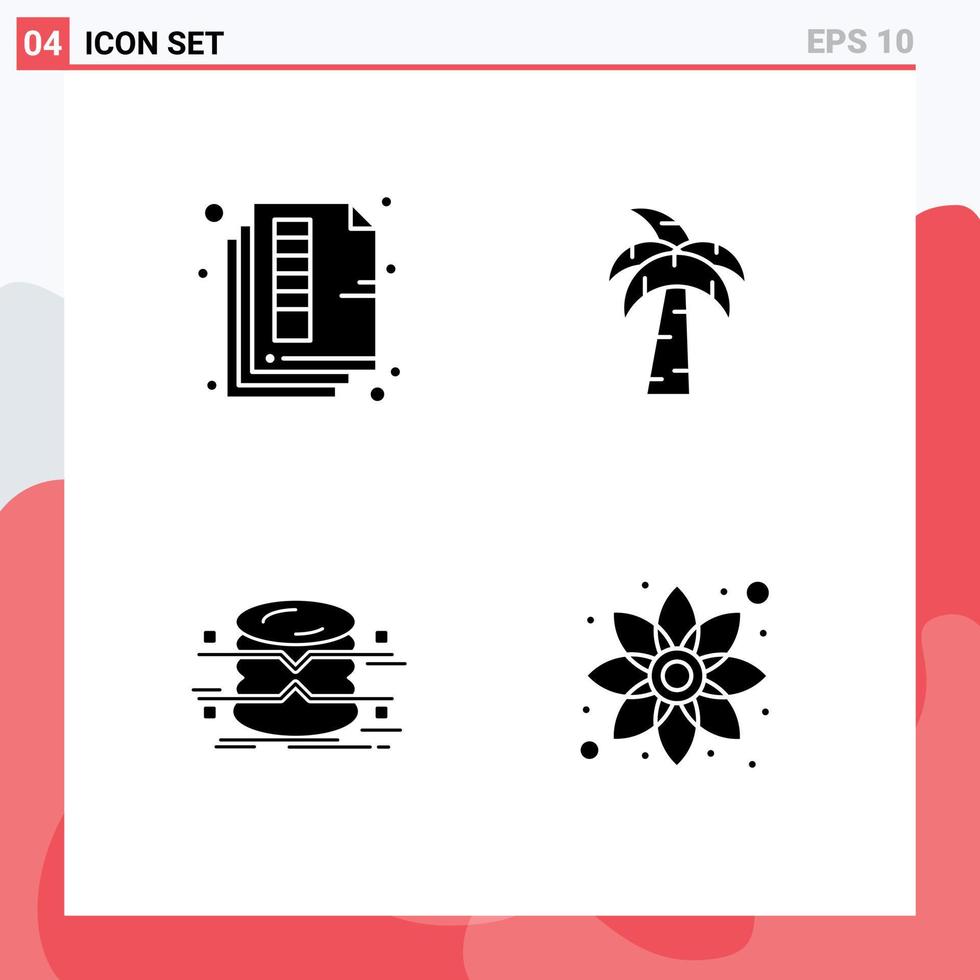 Group of 4 Modern Solid Glyphs Set for document data print tree infographics Editable Vector Design Elements