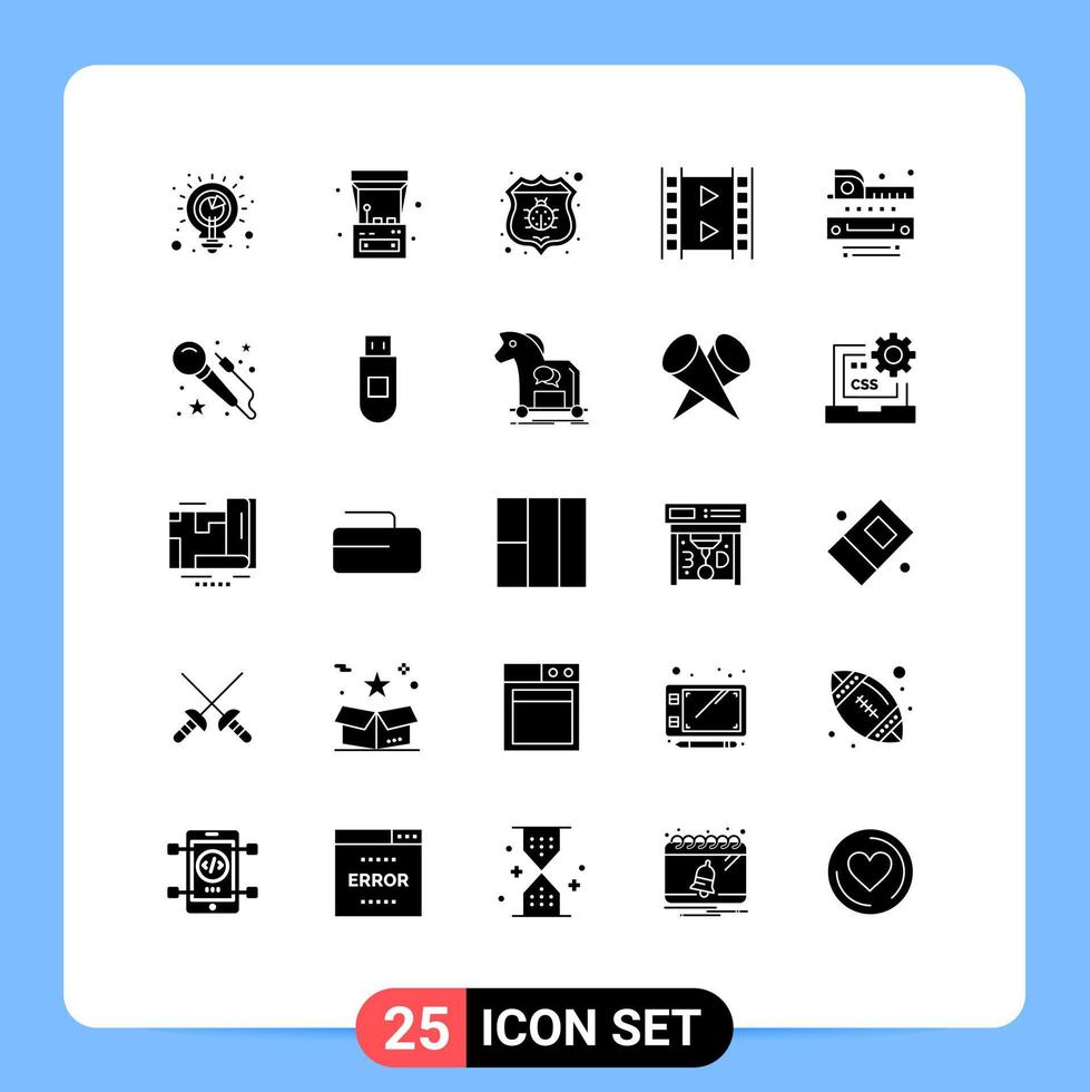 25 Universal Solid Glyph Signs Symbols of measuring multimedia antivirus movie film Editable Vector Design Elements