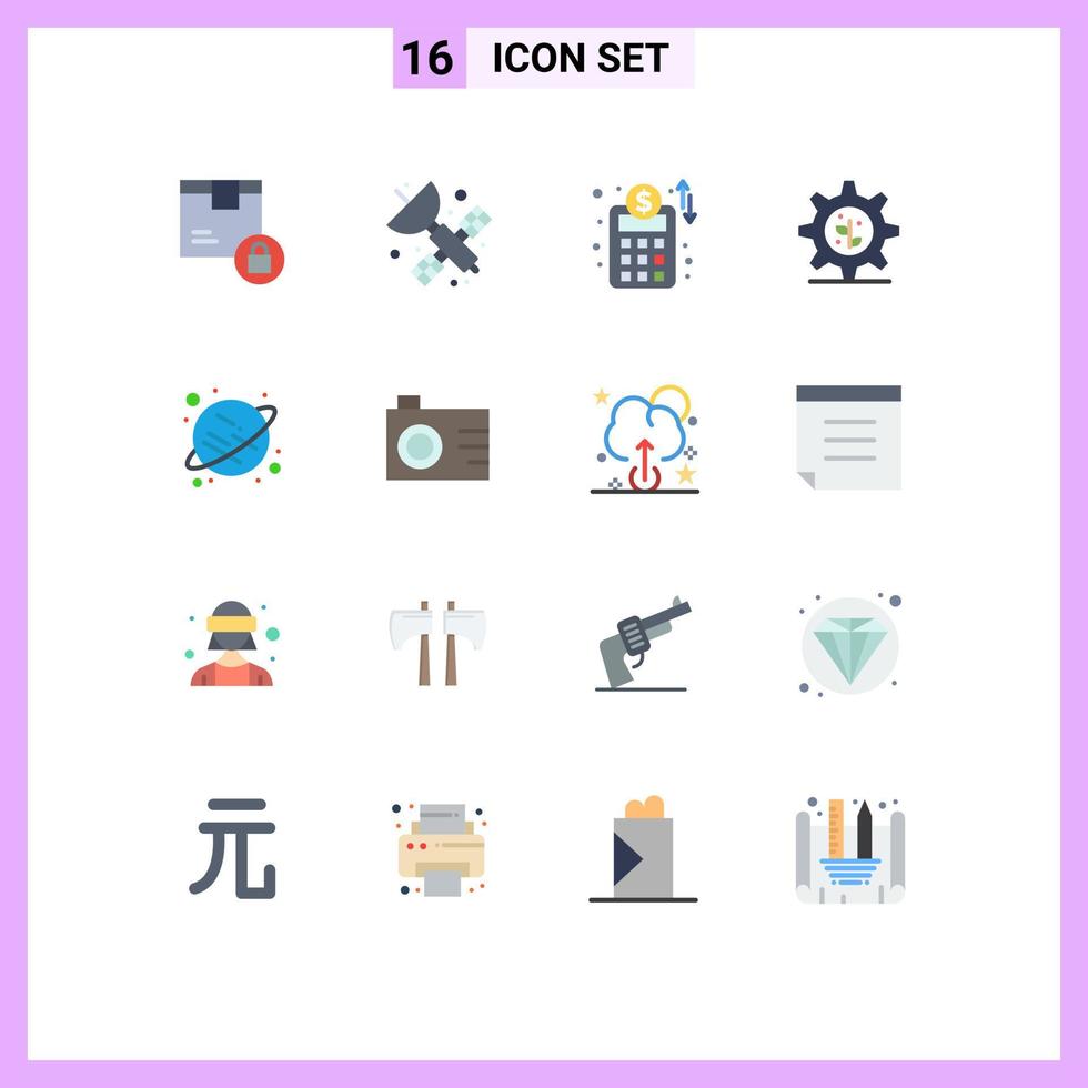 Pack of 16 Modern Flat Colors Signs and Symbols for Web Print Media such as space planet science setting earth Editable Pack of Creative Vector Design Elements