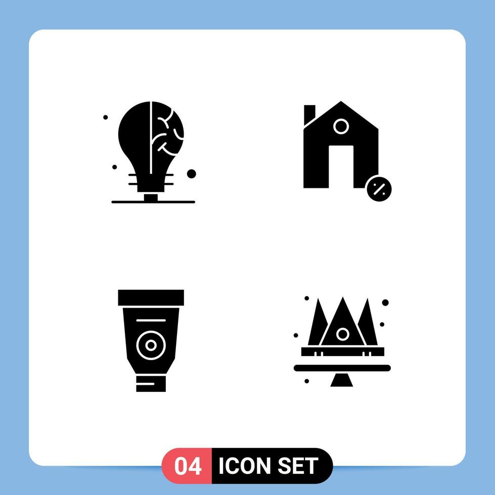 Solid Glyph Pack of 4 Universal Symbols of bulb equipment buildings house mechanic Editable Vector Design Elements