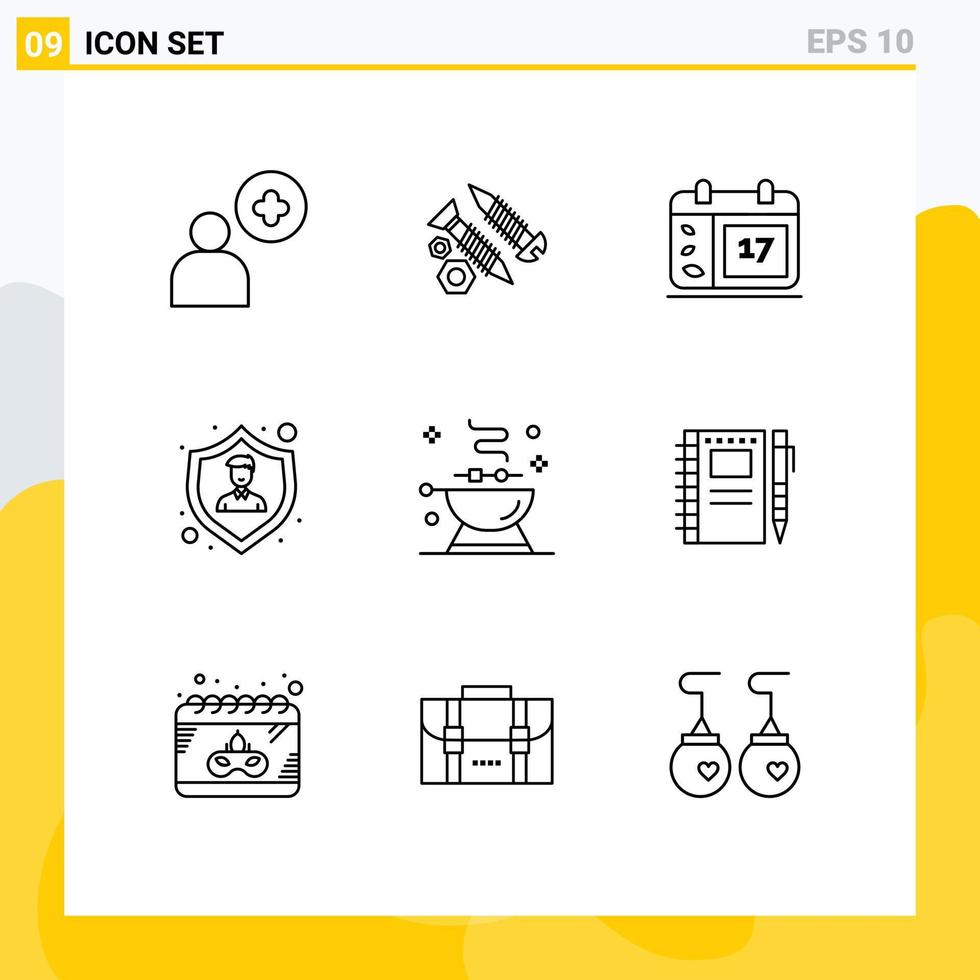 Group of 9 Outlines Signs and Symbols for bbq employee insurance calender shield insurance Editable Vector Design Elements