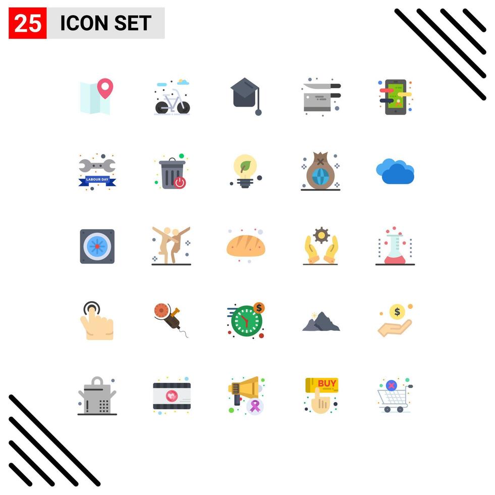 25 User Interface Flat Color Pack of modern Signs and Symbols of course app graduation knife kitchen Editable Vector Design Elements