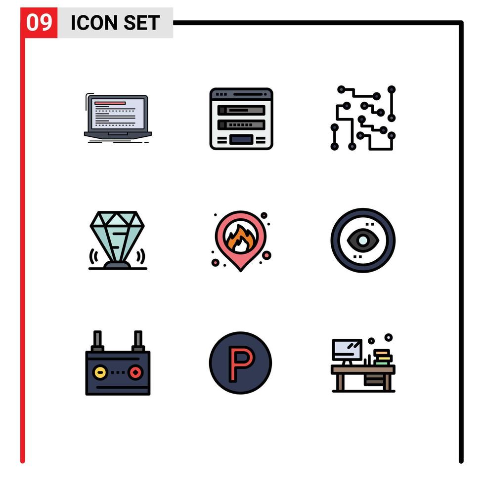 Mobile Interface Filledline Flat Color Set of 9 Pictograms of gem diamond sitemap science electronics Editable Vector Design Elements