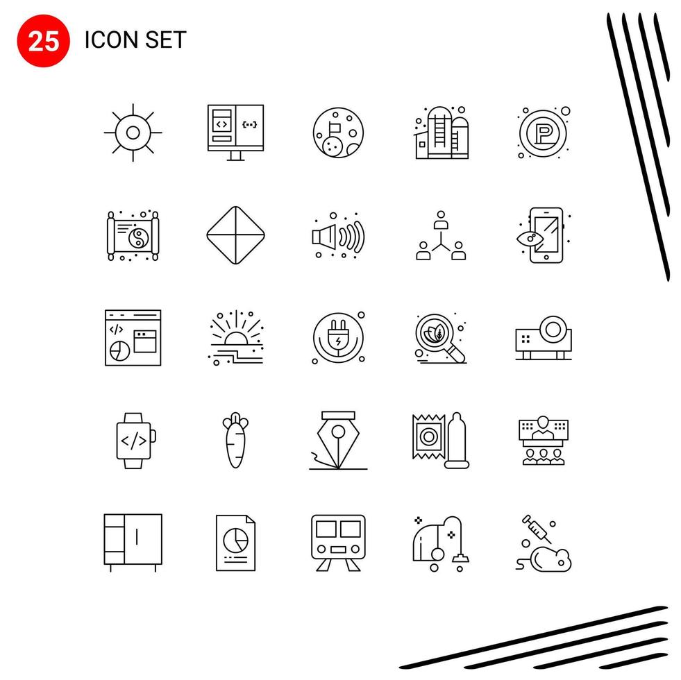 Group of 25 Modern Lines Set for parking grain development container planet Editable Vector Design Elements