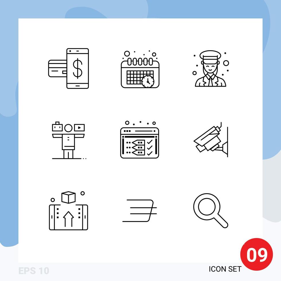 Mobile Interface Outline Set of 9 Pictograms of analysis play female life women Editable Vector Design Elements