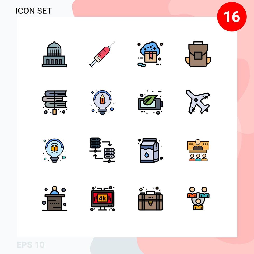paquete de 16 líneas llenas de colores planos modernos, signos y símbolos para medios de impresión web, como elementos de diseño de vectores creativos editables de la tienda de medios de disparo multimedia de bolsa trasera