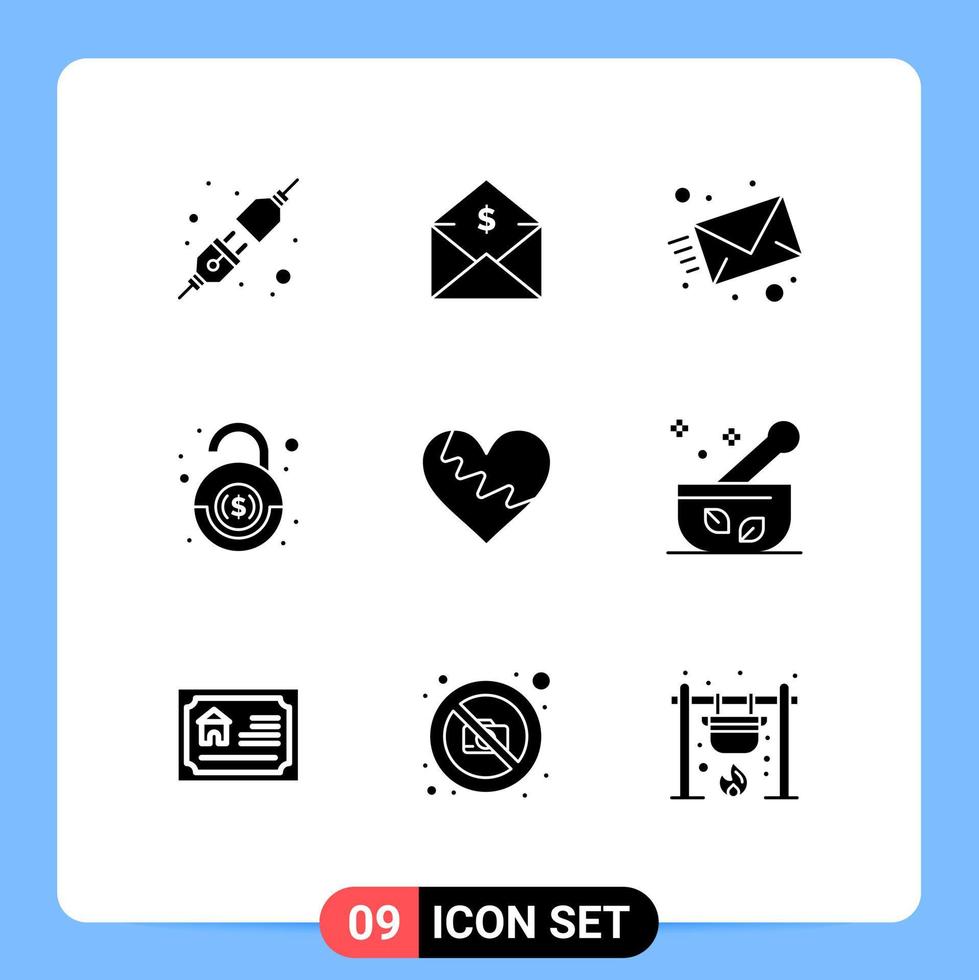 9 Thematic Vector Solid Glyphs and Editable Symbols of love security email robbery bank Editable Vector Design Elements