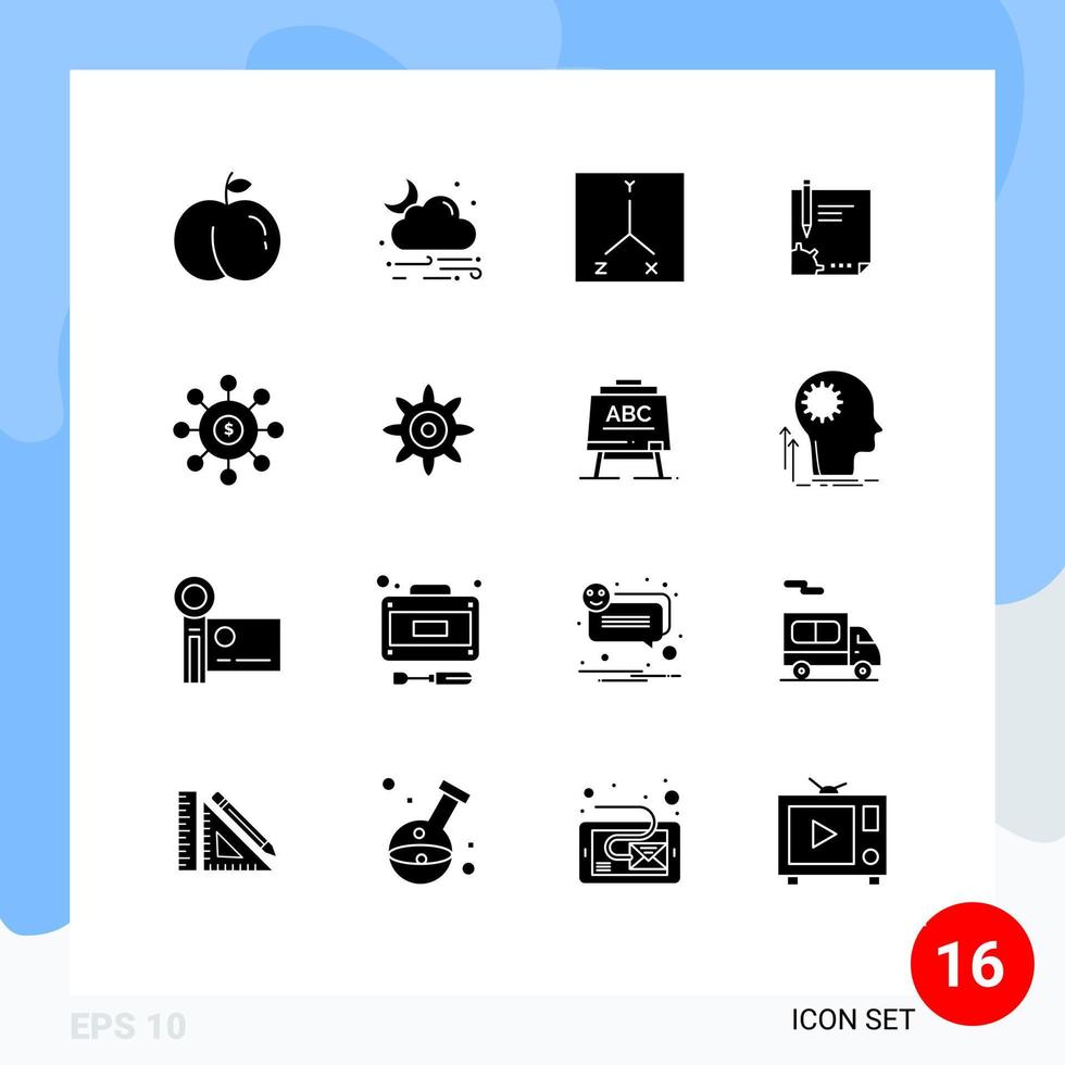 Mobile Interface Solid Glyph Set of 16 Pictograms of money signing space sign page Editable Vector Design Elements