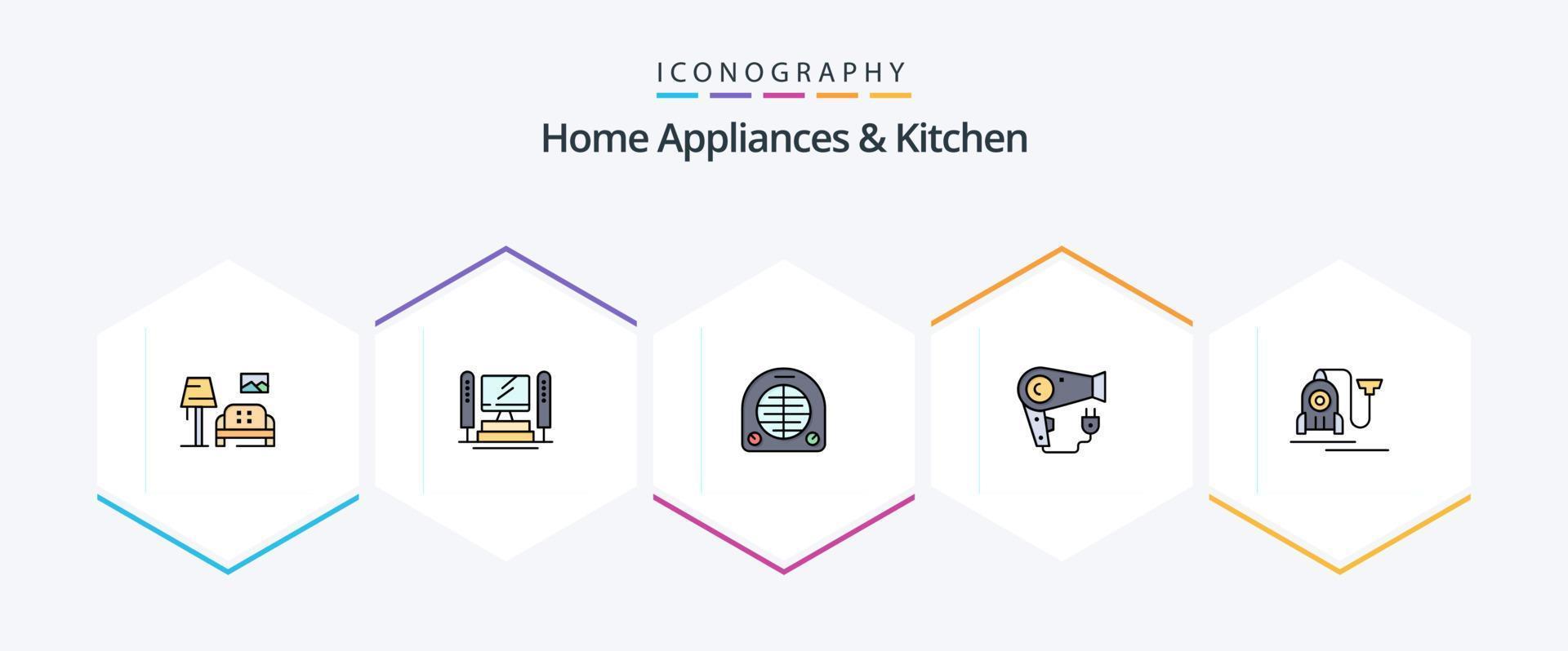 Home Appliances And Kitchen 25 FilledLine icon pack including machine. plug. fan. hairdryer. dryer vector