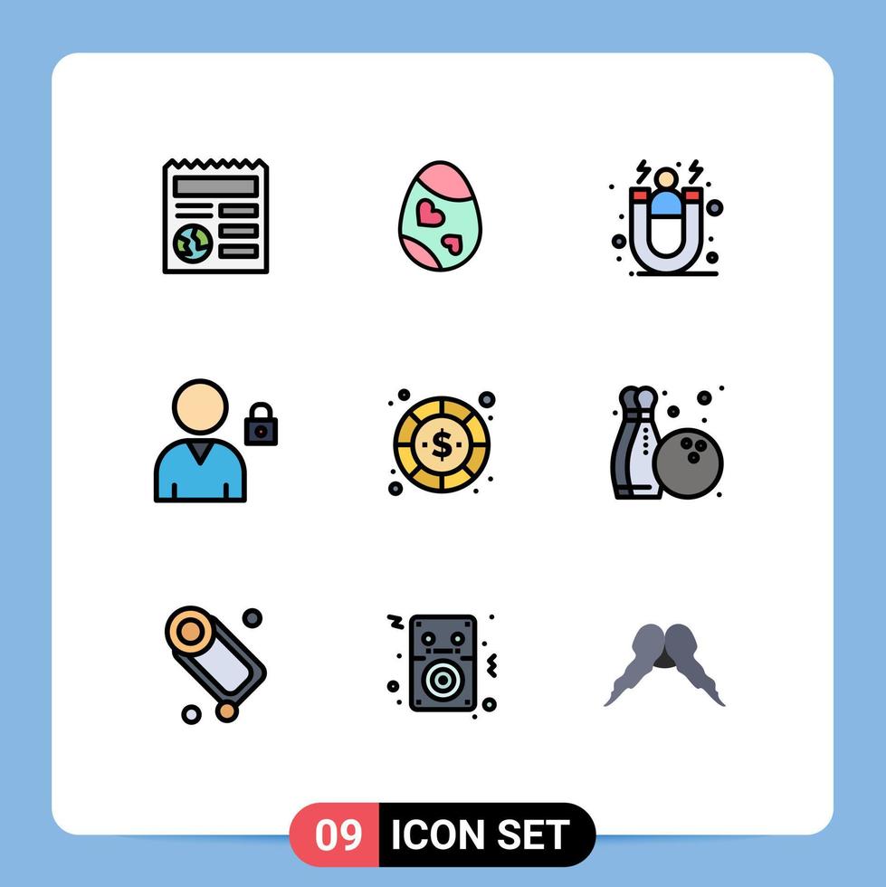 User Interface Pack of 9 Basic Filledline Flat Colors of currency user heart lock customer retention Editable Vector Design Elements