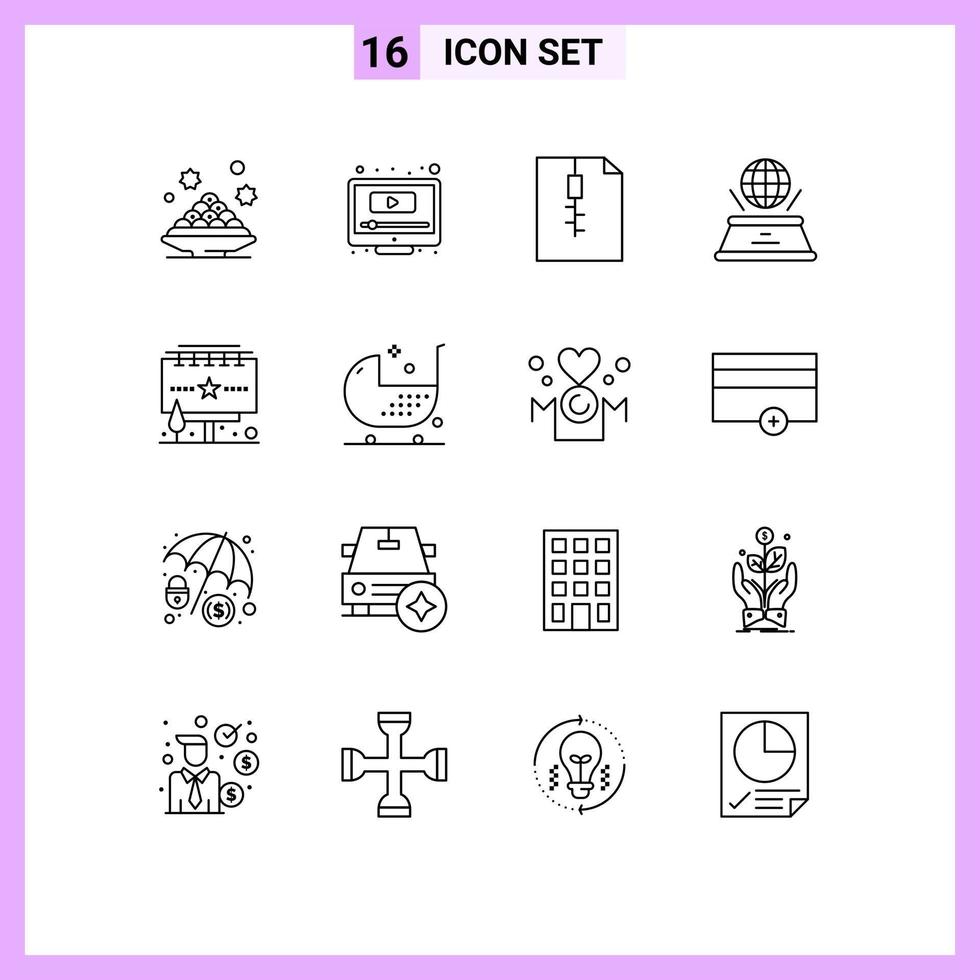 User Interface Pack of 16 Basic Outlines of advertisement presentation youtube imagination world Editable Vector Design Elements