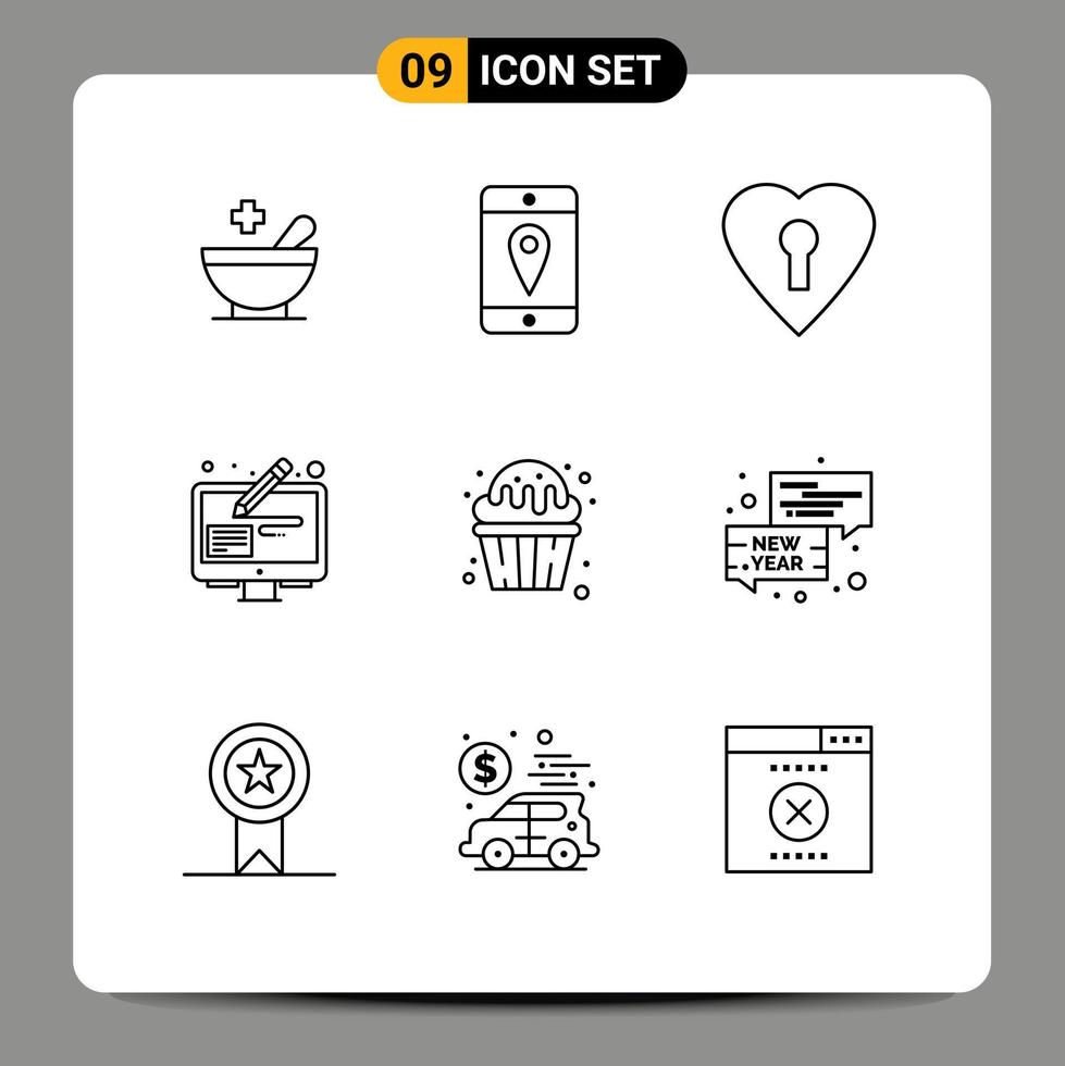 Set of 9 Modern UI Icons Symbols Signs for sweets food private dessert pen Editable Vector Design Elements